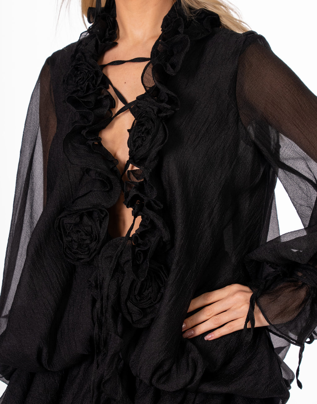 Sheer Ruffle Rosette Blouse and Ruffle Mini Shorts Set - Black