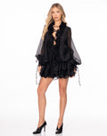 Sheer Ruffle Rosette Blouse and Ruffle Mini Shorts Set - Black