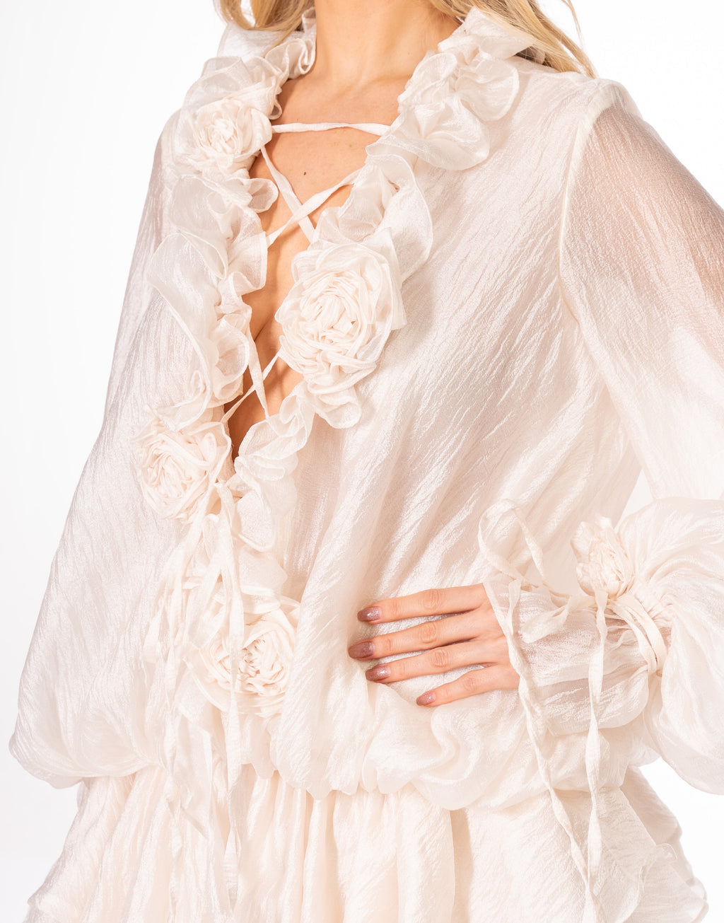 Sheer Ruffle Rosette Blouse and Ruffle Mini Shorts Set - White