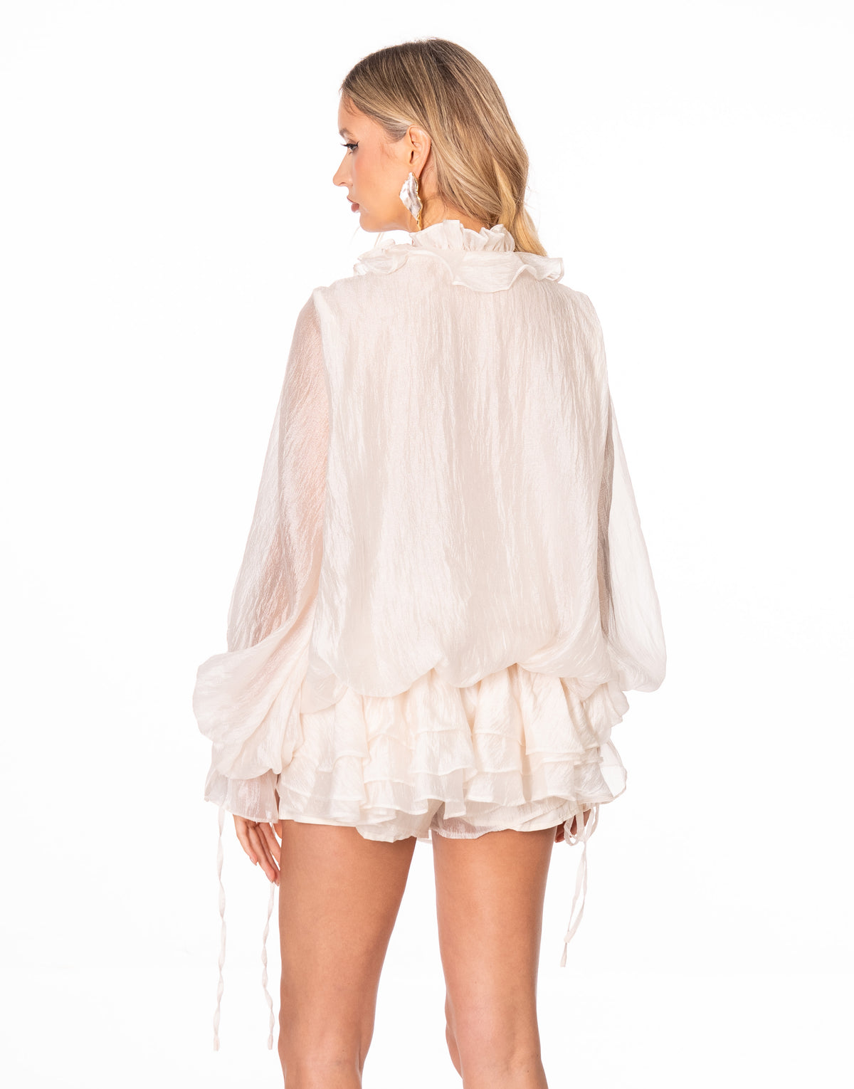 Sheer Ruffle Rosette Blouse and Ruffle Mini Shorts Set - White