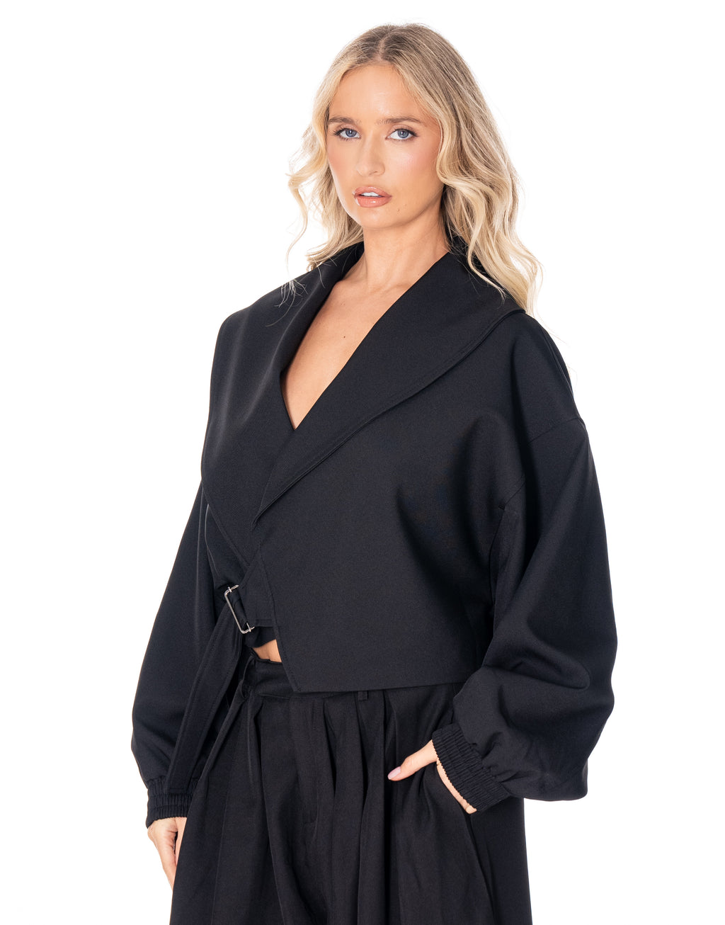 Cropped Wrap Jacket With Buckle - Black