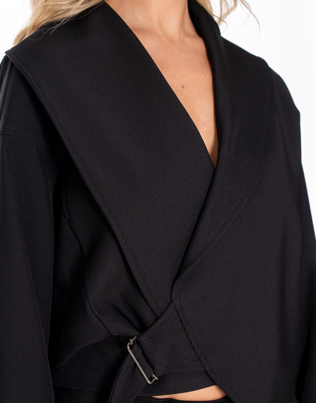 Cropped Wrap Jacket With Buckle - Black
