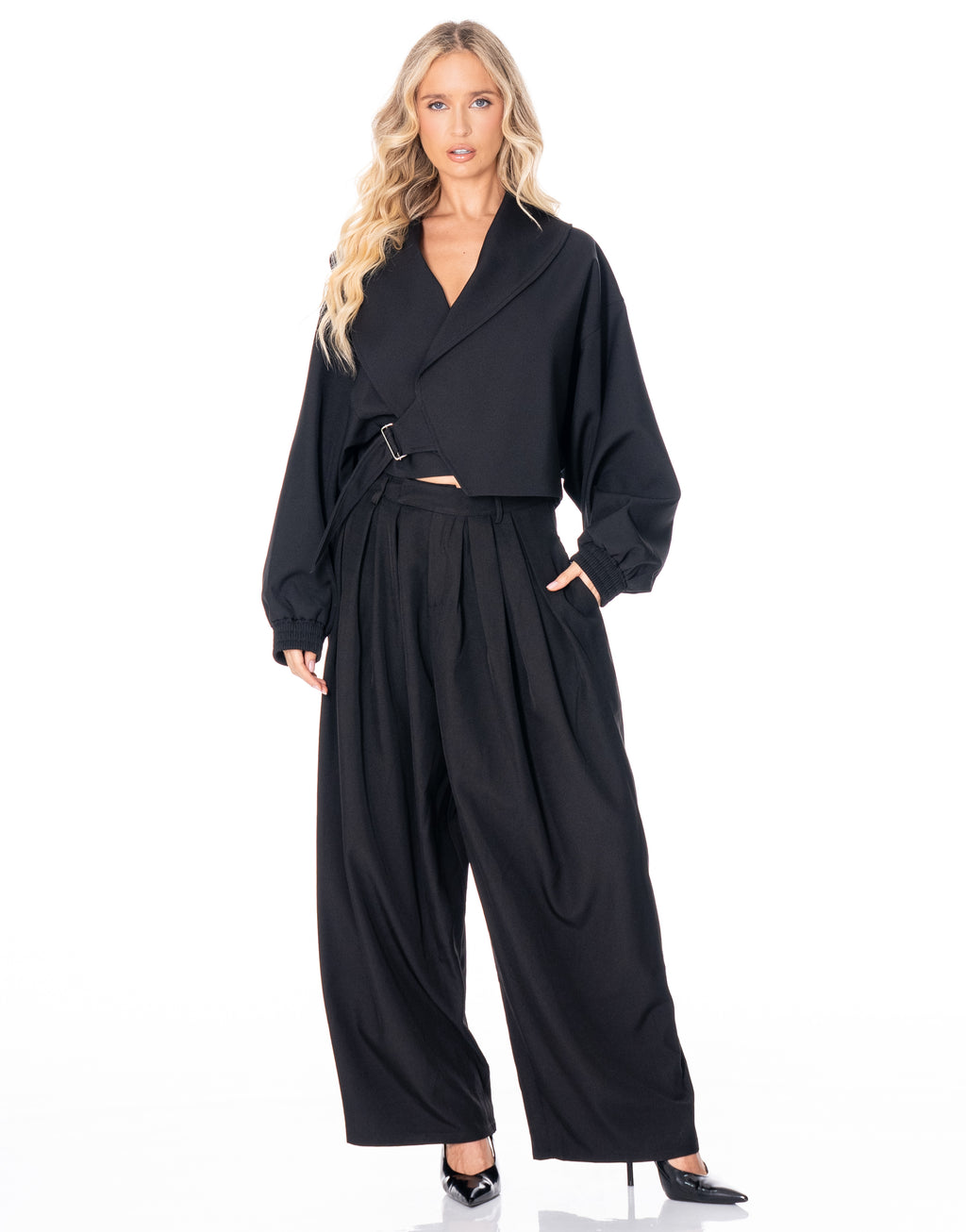 Cropped Wrap Jacket With Buckle - Black