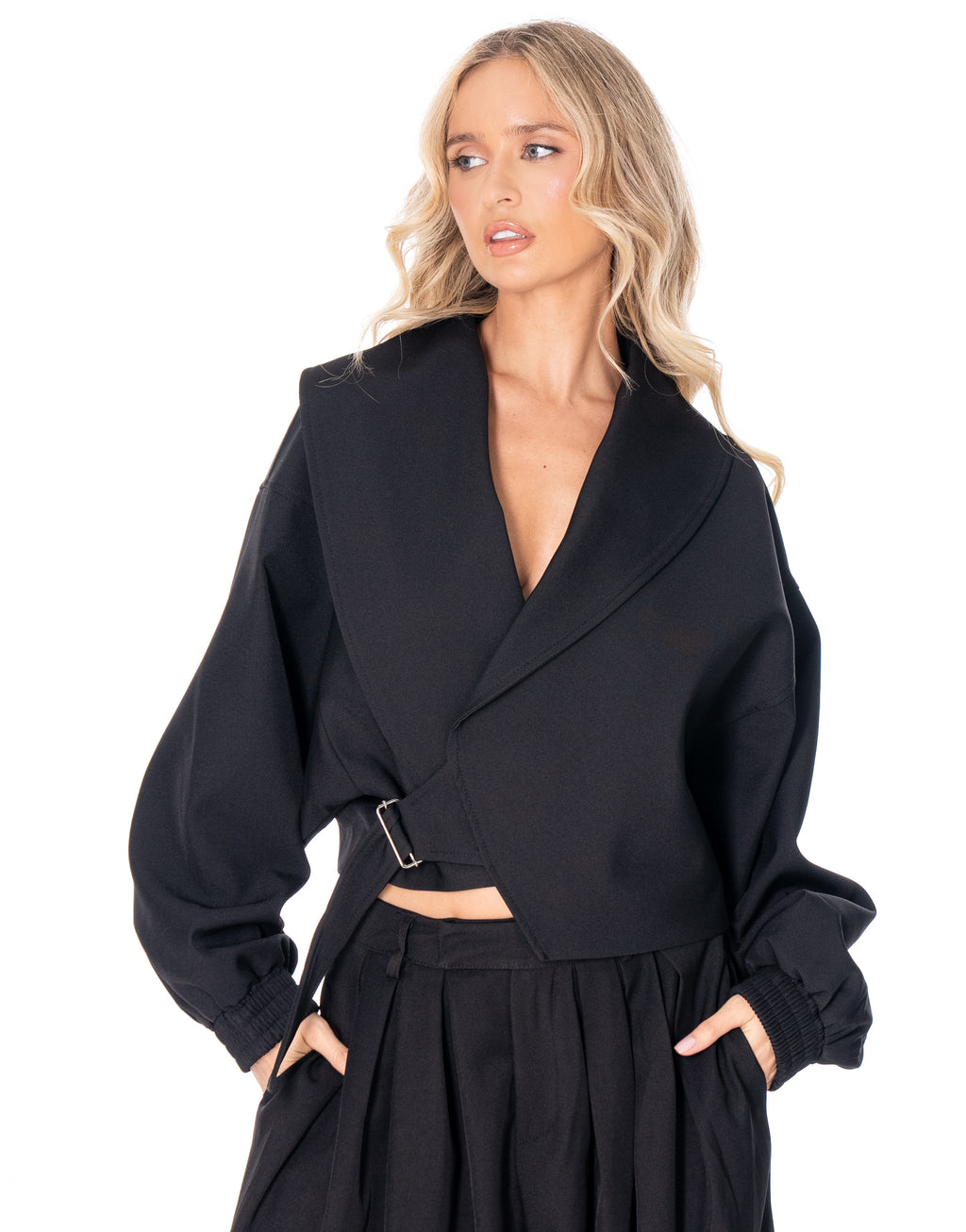 Cropped Wrap Jacket With Buckle - Black