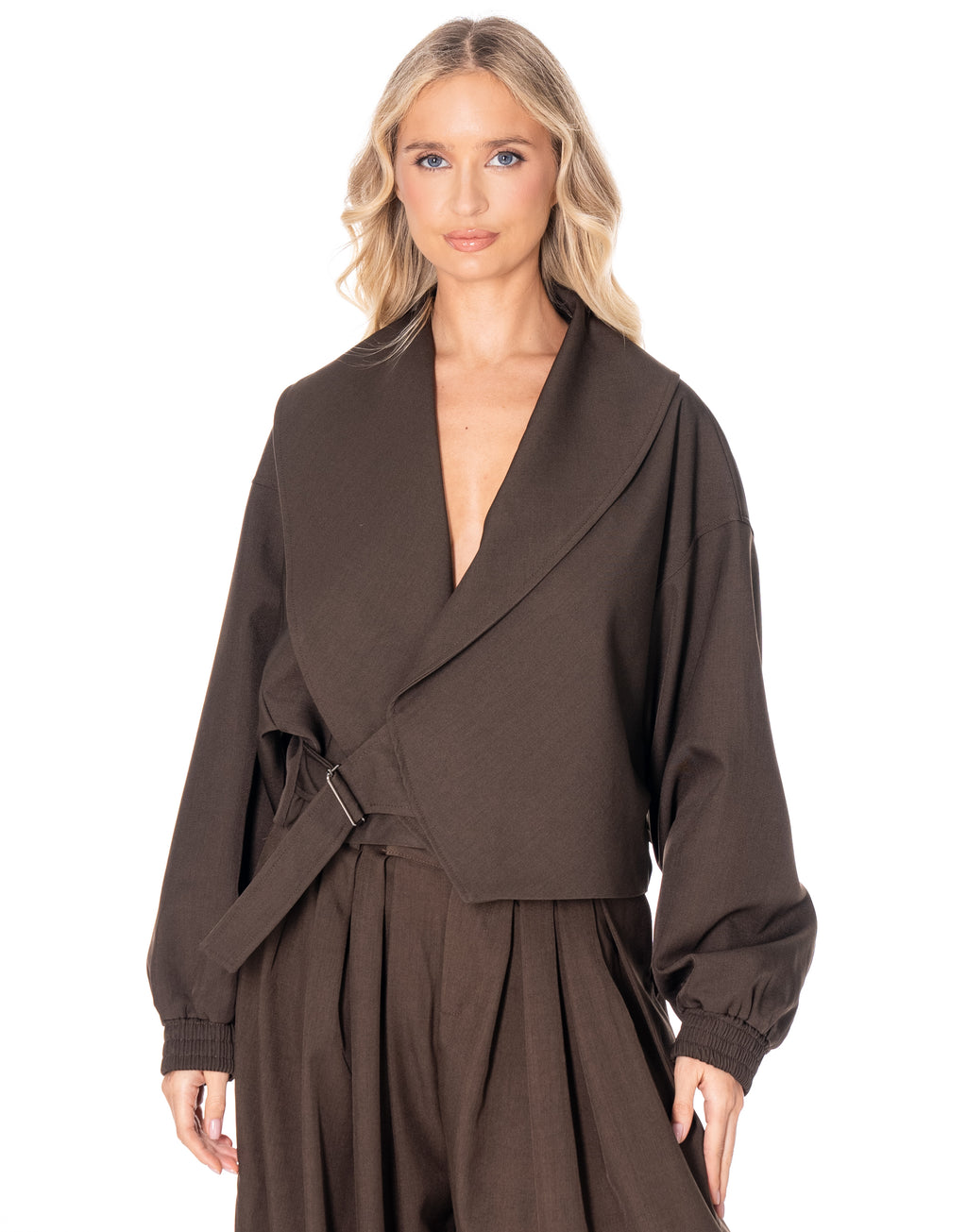 Cropped Wrap Jacket With Buckle - Coffee
