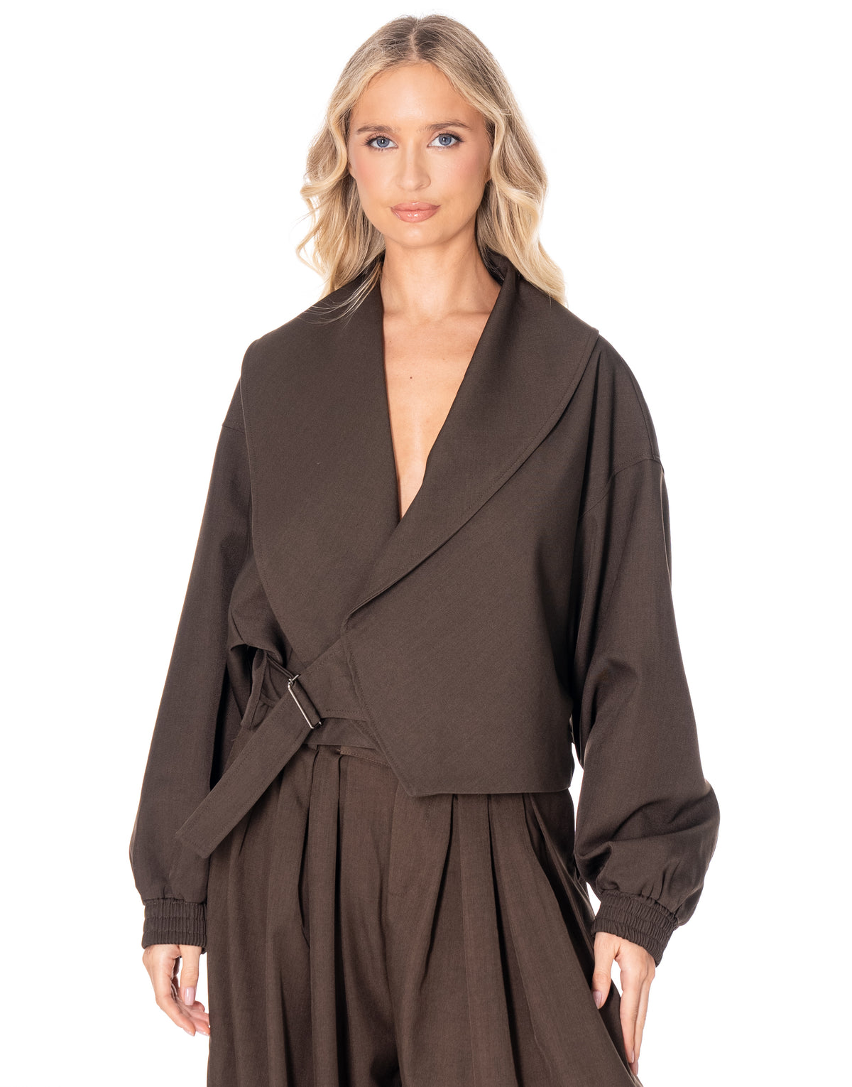 Cropped Wrap Jacket With Buckle - Coffee