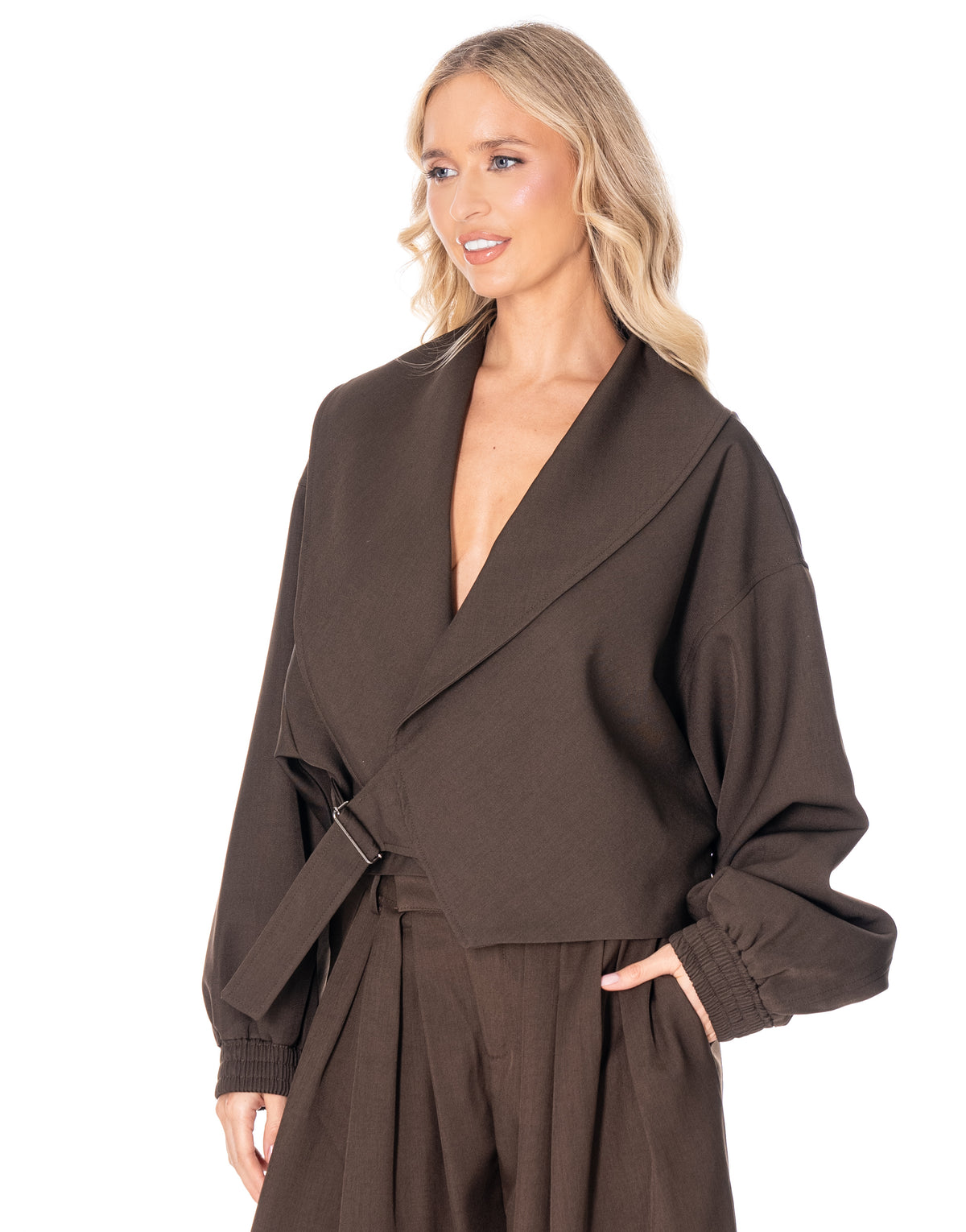 Cropped Wrap Jacket With Buckle - Coffee