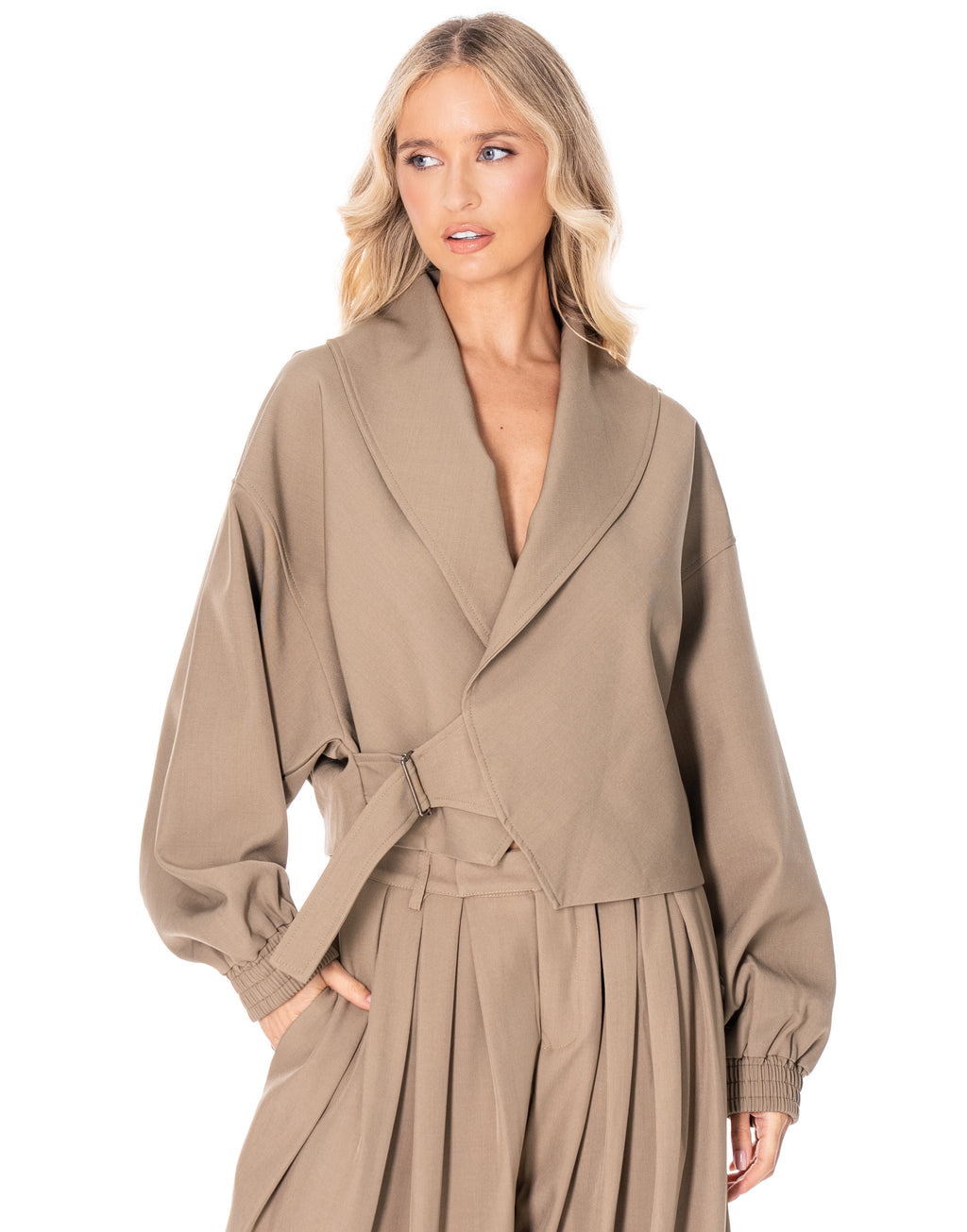 Cropped Wrap Jacket With Buckle - Khaki