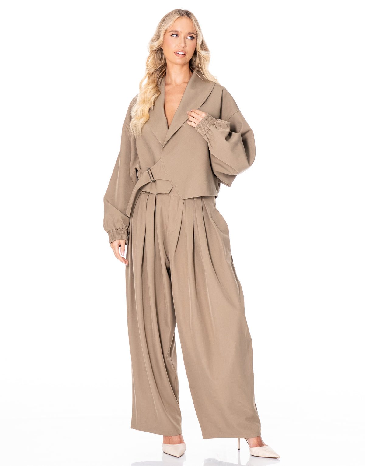 Cropped Wrap Jacket With Buckle - Khaki