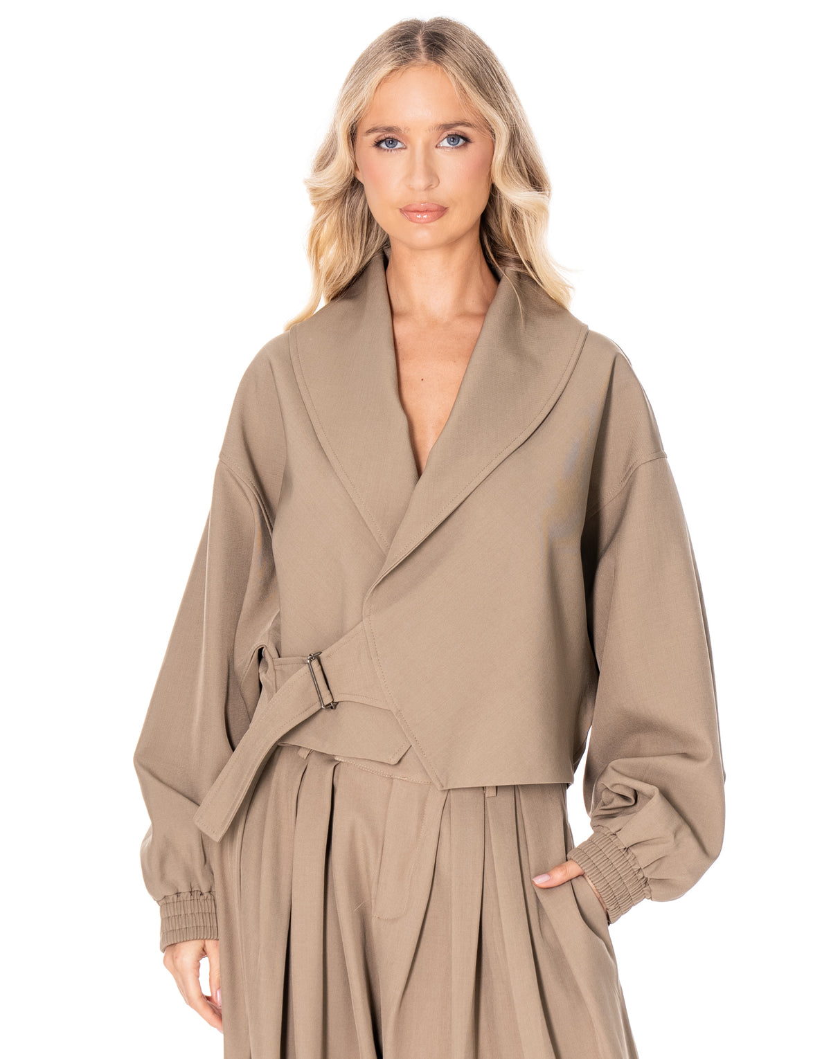 Cropped Wrap Jacket With Buckle - Khaki