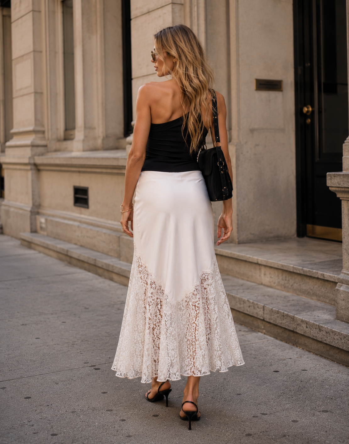 Lace Overlay Midi Skirt - Beige