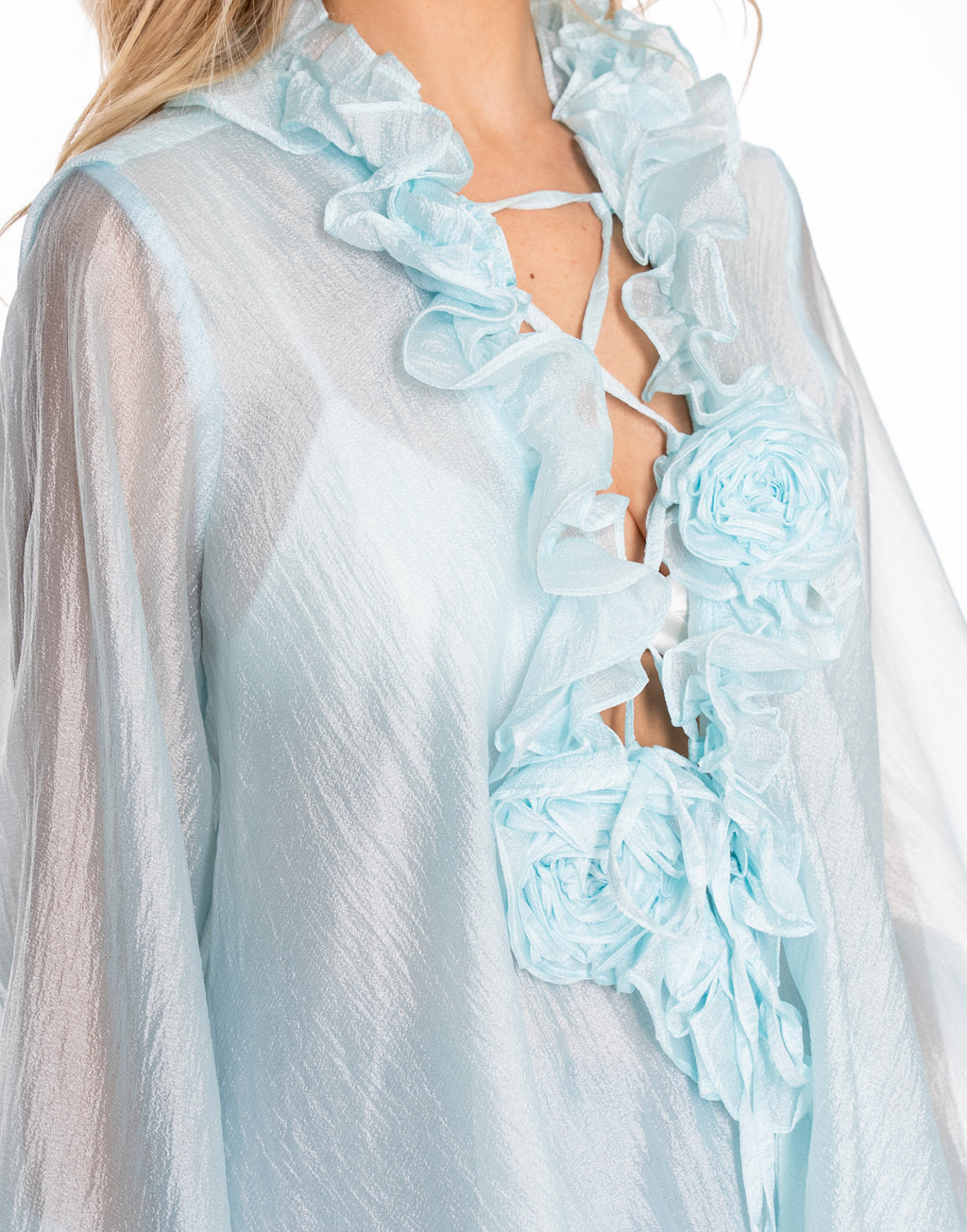 Sheer Ruffle Lace Up Long Sleeve Organza Blouse - Blue