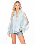 Sheer Ruffle Lace Up Long Sleeve Organza Blouse - Blue