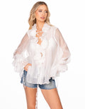 Sheer Ruffle Lace Up Long Sleeve Organza Blouse - White