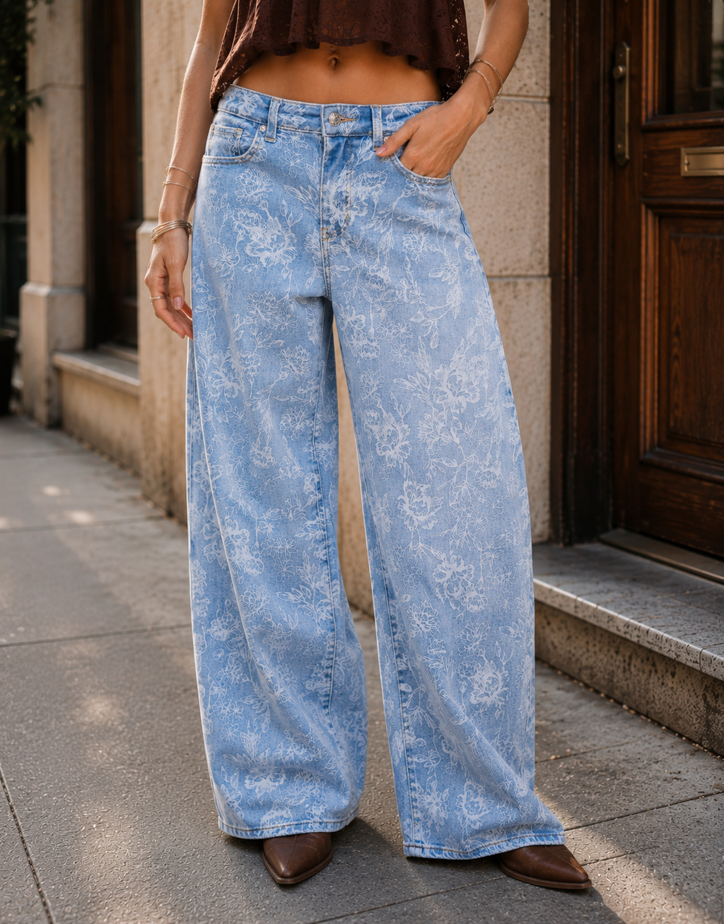 Floral Wide-Leg Denim Jeans - Denim