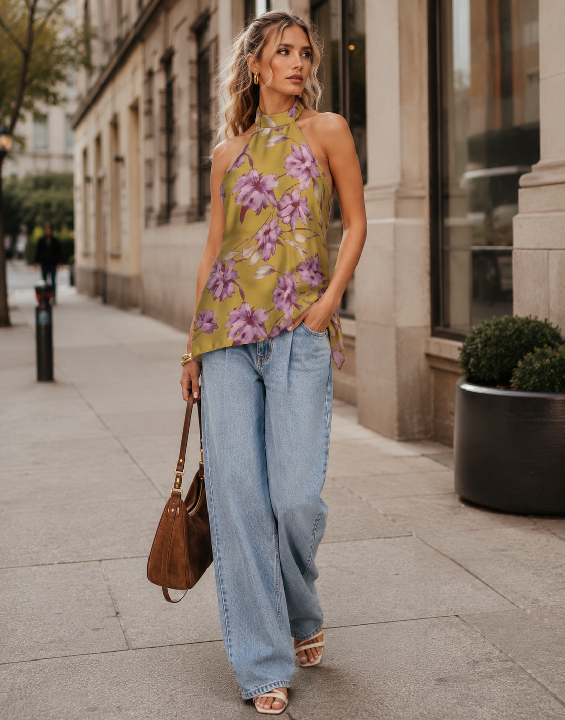Sleeveless Floral Halter Top - Green