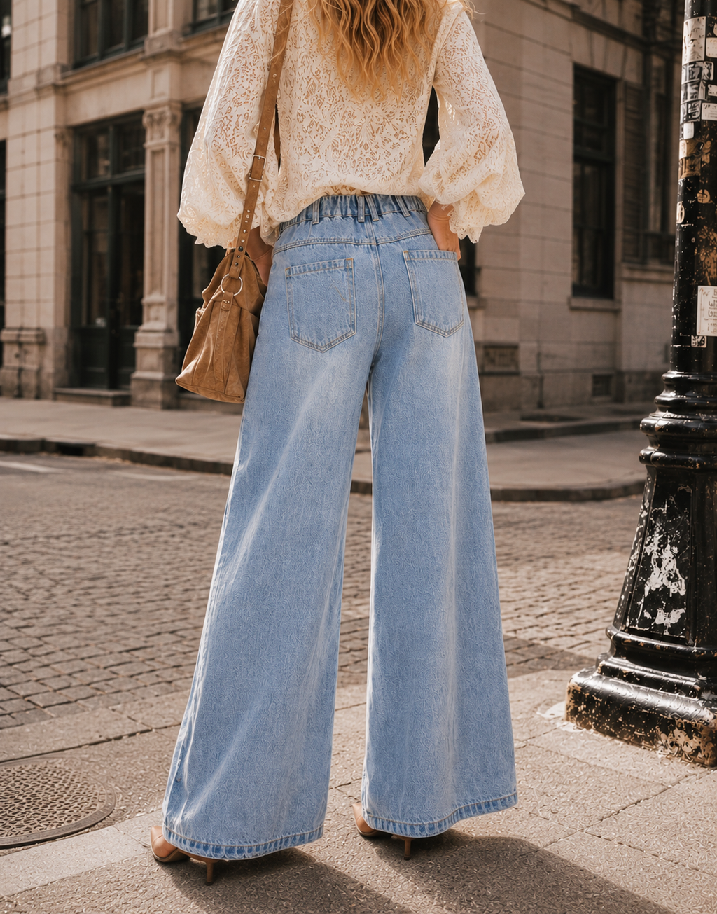 Wide-Leg Grommet Detail Jeans - Denim