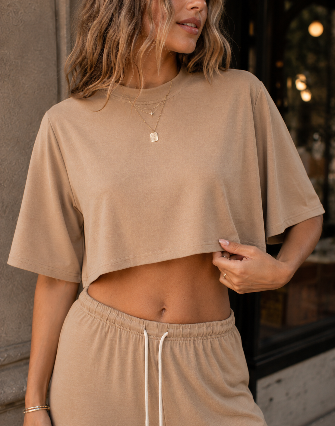 Crop Tee And Wide-Leg Pant Set - Camel