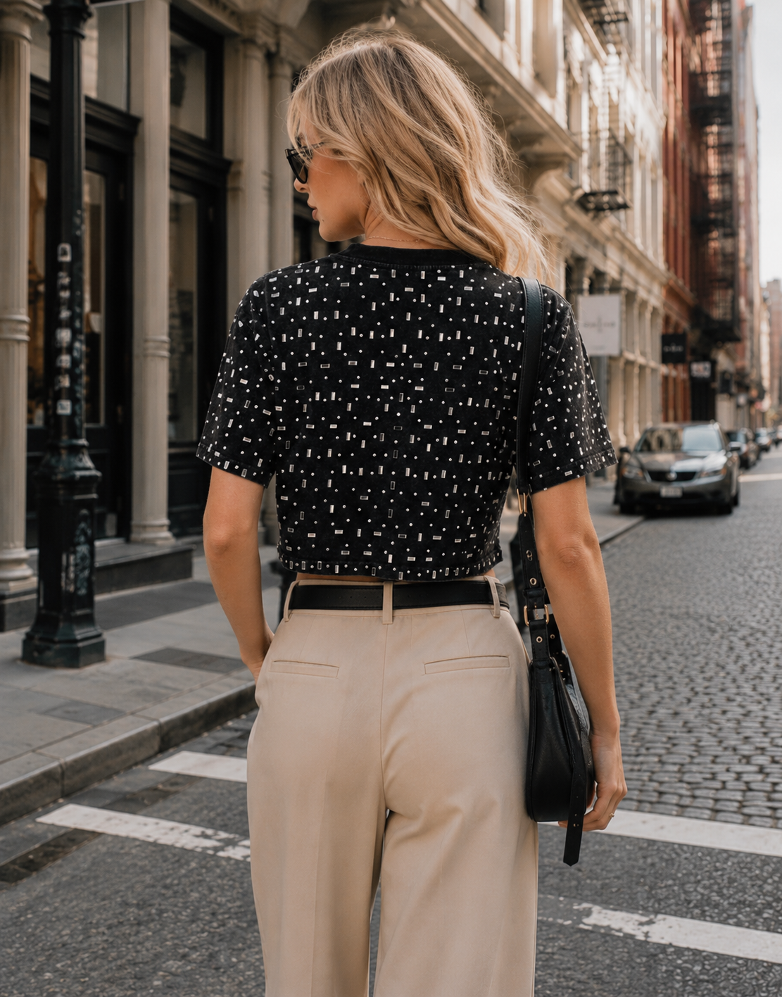 Speckled Short Sleeve Crop Top - Black