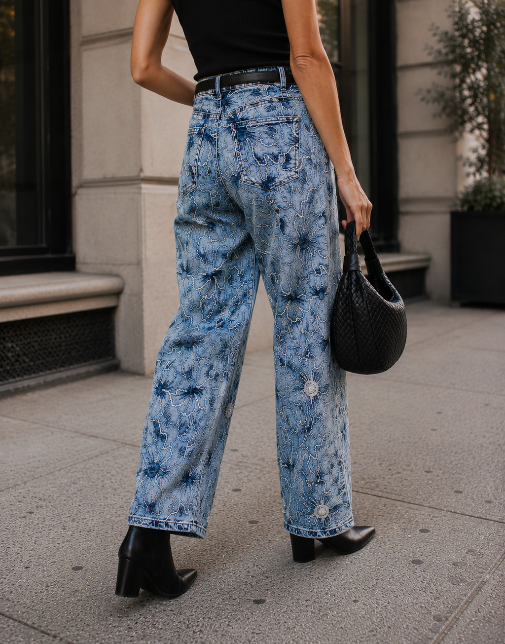 Floral Embroidered Wide-Leg Jeans - Denim