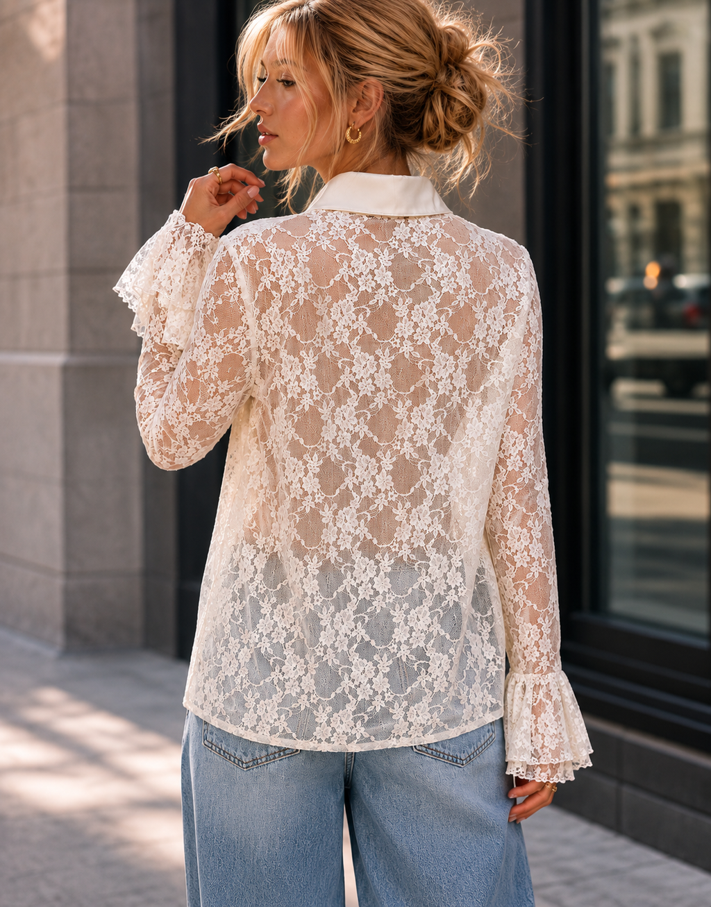 Lace Ruffle Long Sleeve Top - Yellow