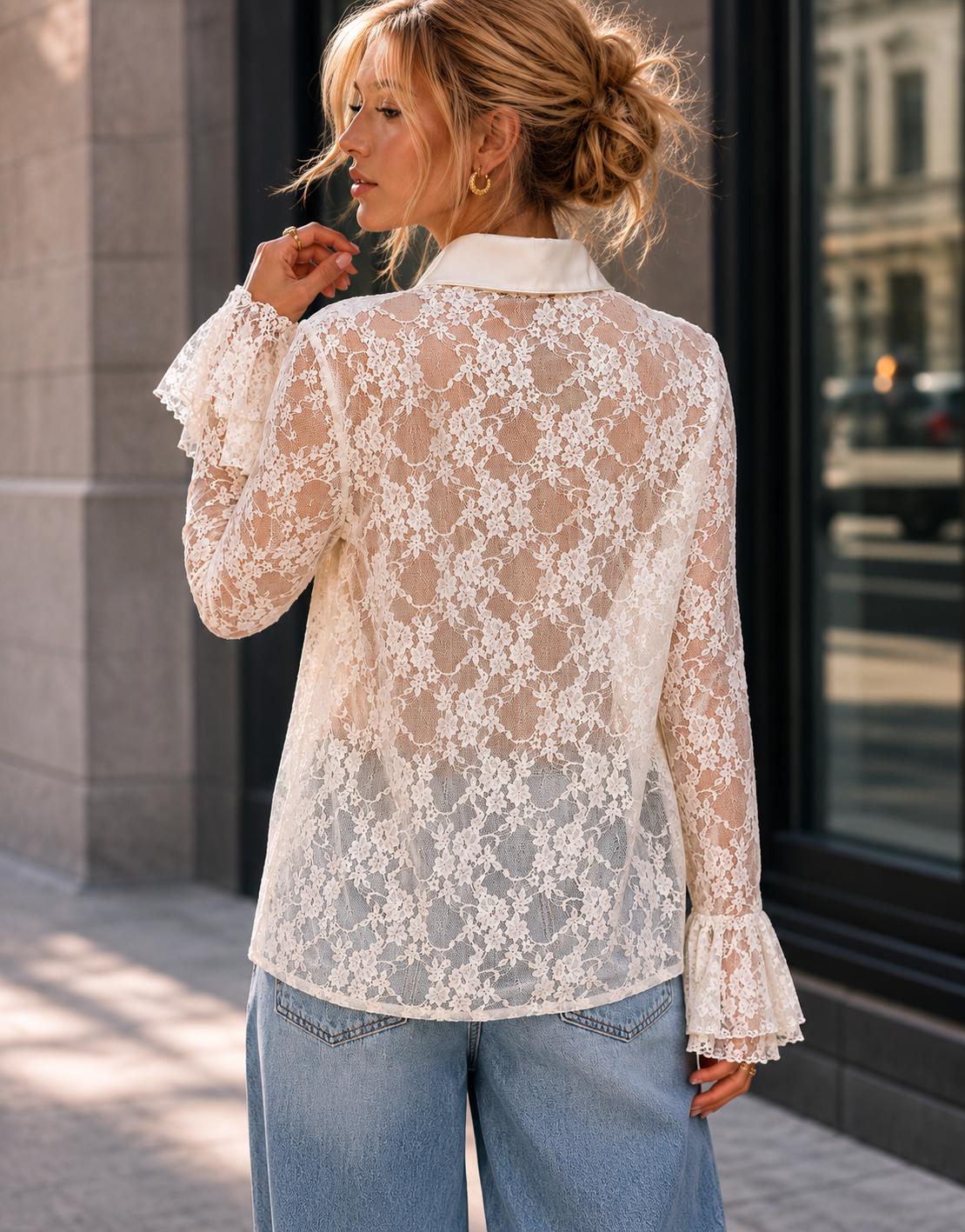 Lace Ruffle Long Sleeve Top - Yellow