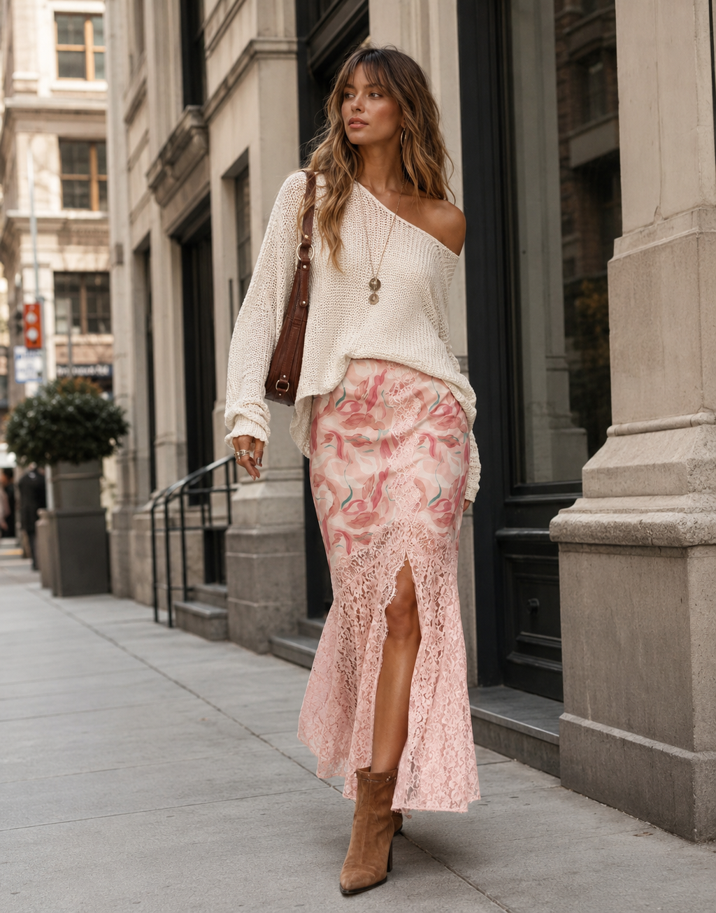 Floral Lace Maxi Skirt - Pink