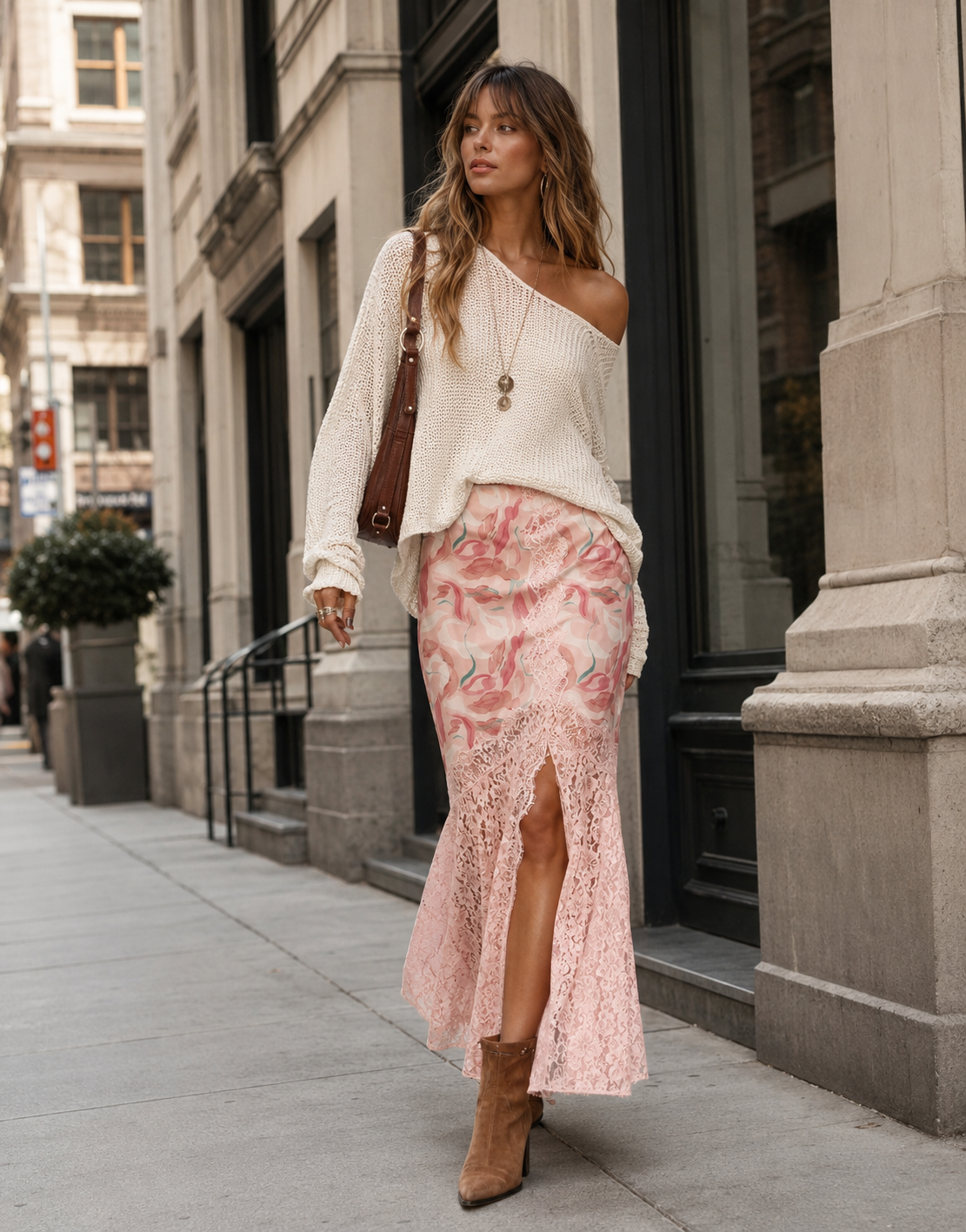 Floral Lace Maxi Skirt - Pink