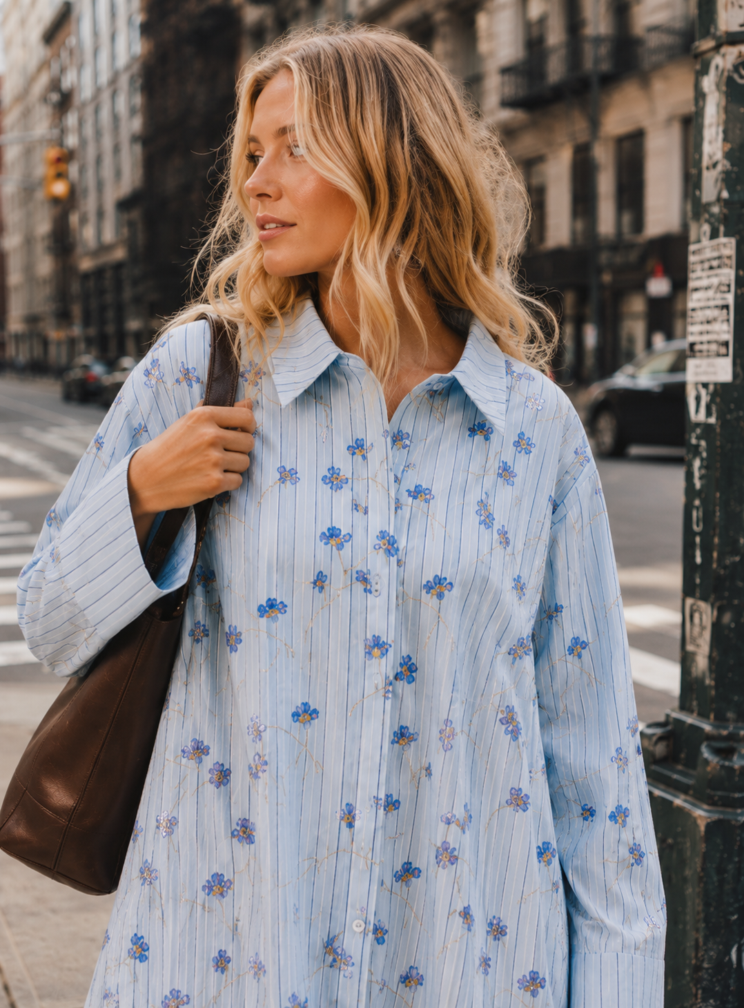 Floral Long Sleeve Mini Dress - Light Blue