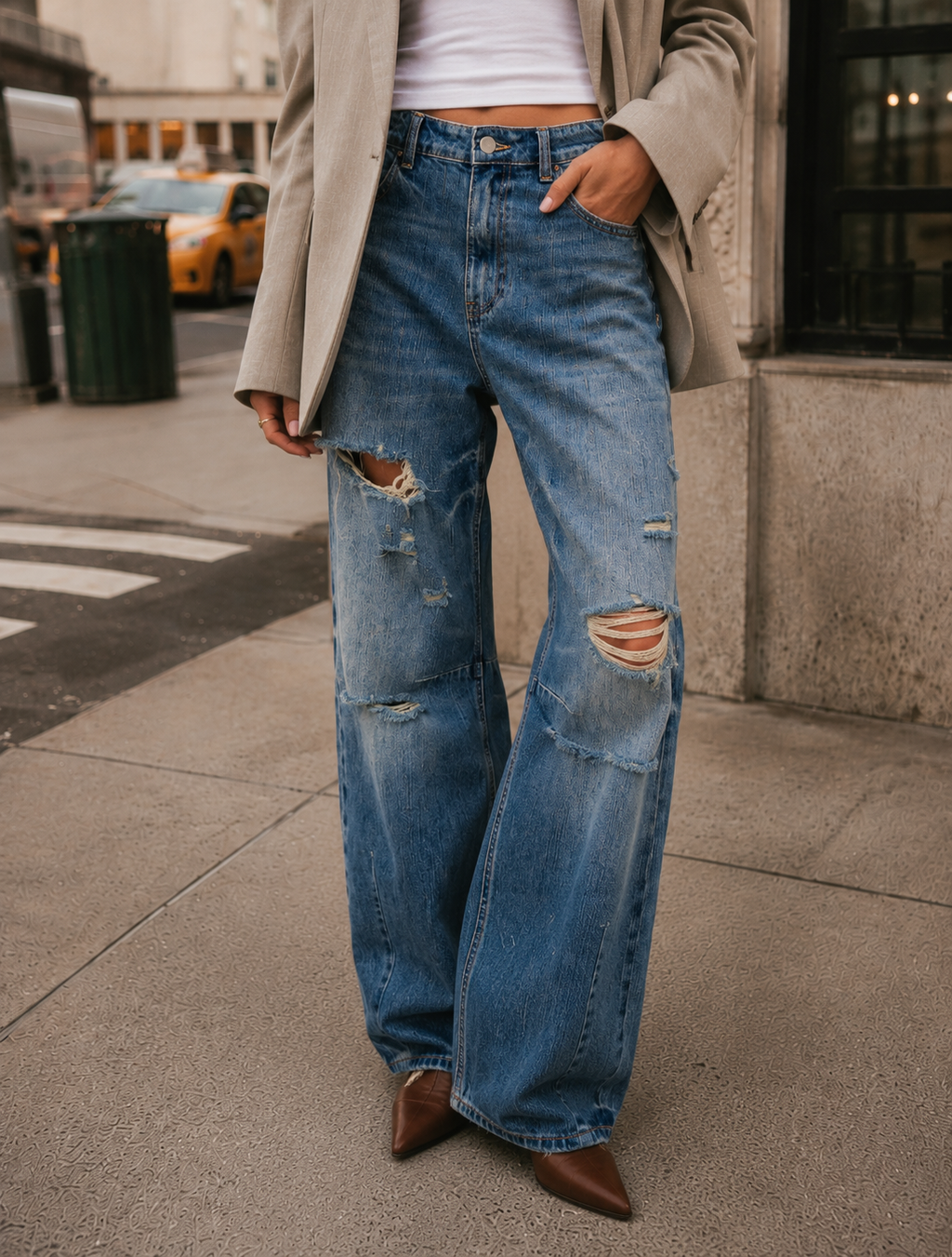 Distressed Wide-Leg Denim Jeans - Denim