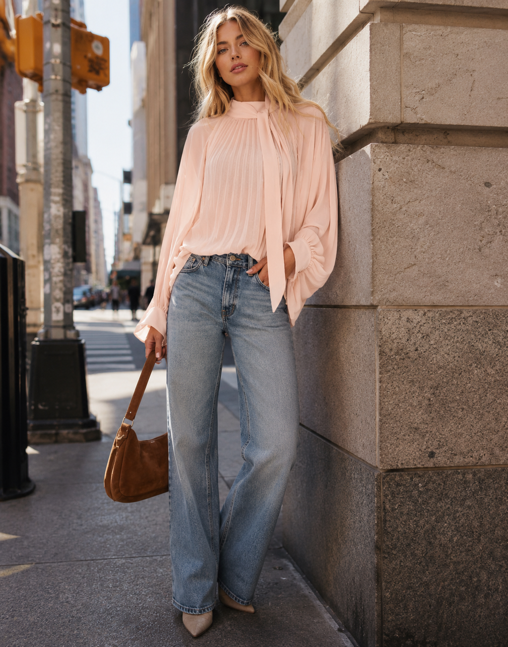 Pleated Blouson Long-Sleeve Top - Pink