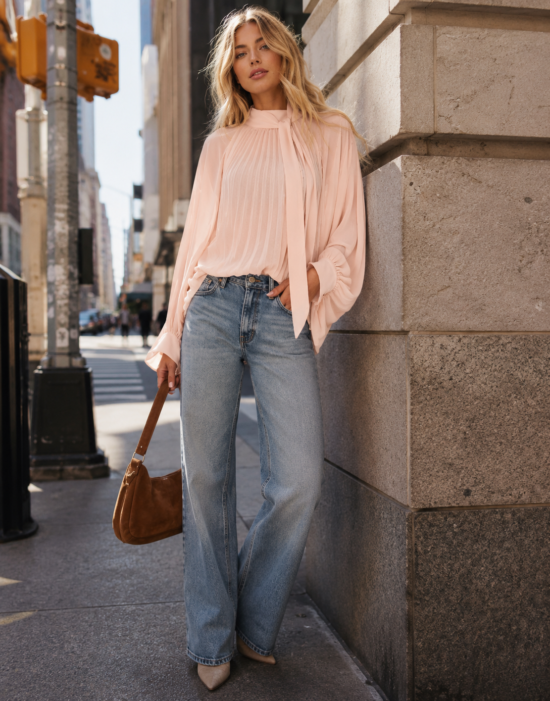 Pleated Blouson Long-Sleeve Top - Pink