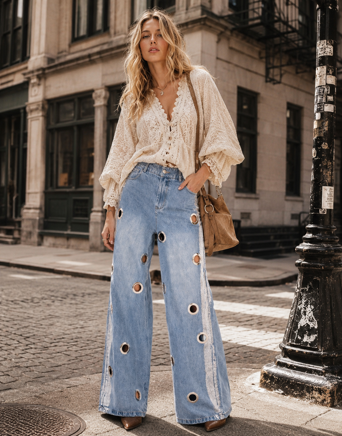 Wide-Leg Grommet Detail Jeans - Denim