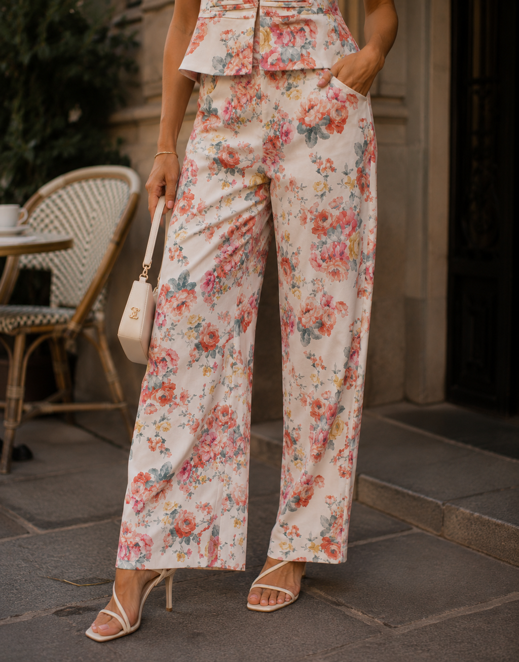 Floral Vest and Pants Matching Set - White