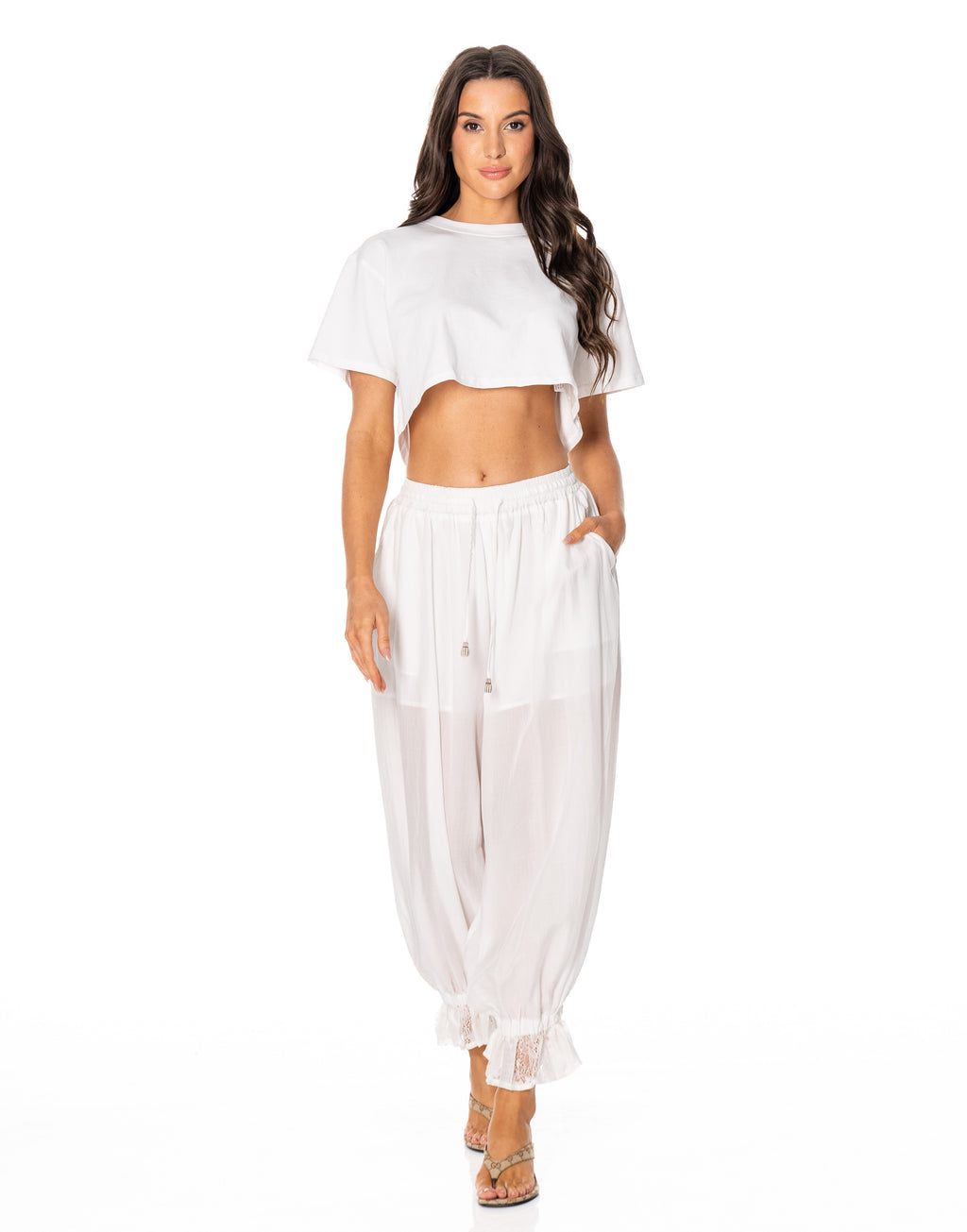 Lace-Panel Wide-Leg Pant - White