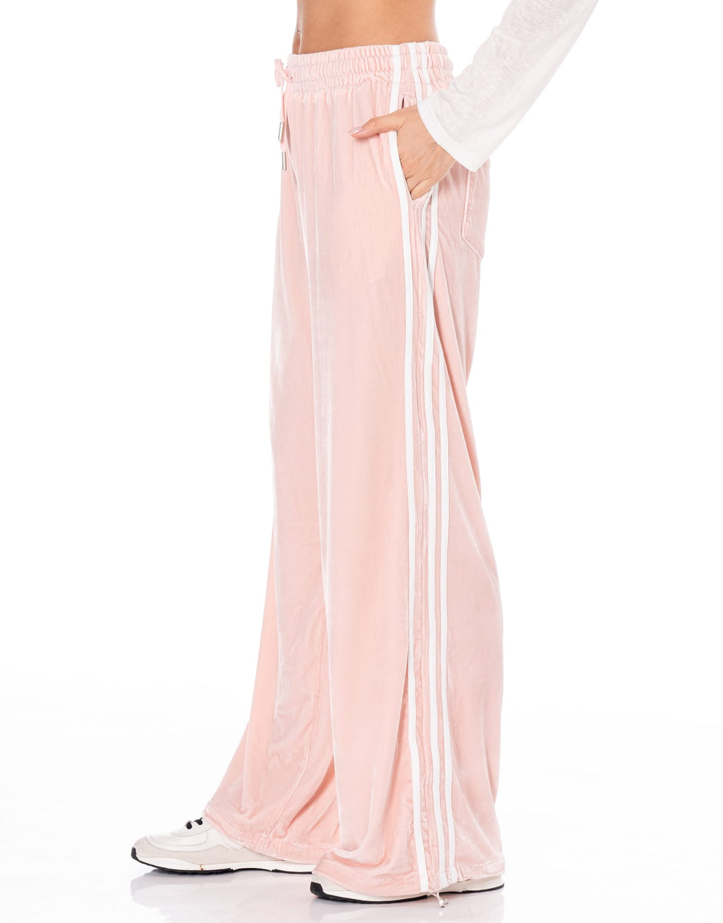 Velvet Side Stripe Wide Leg Track Pants - Pink
