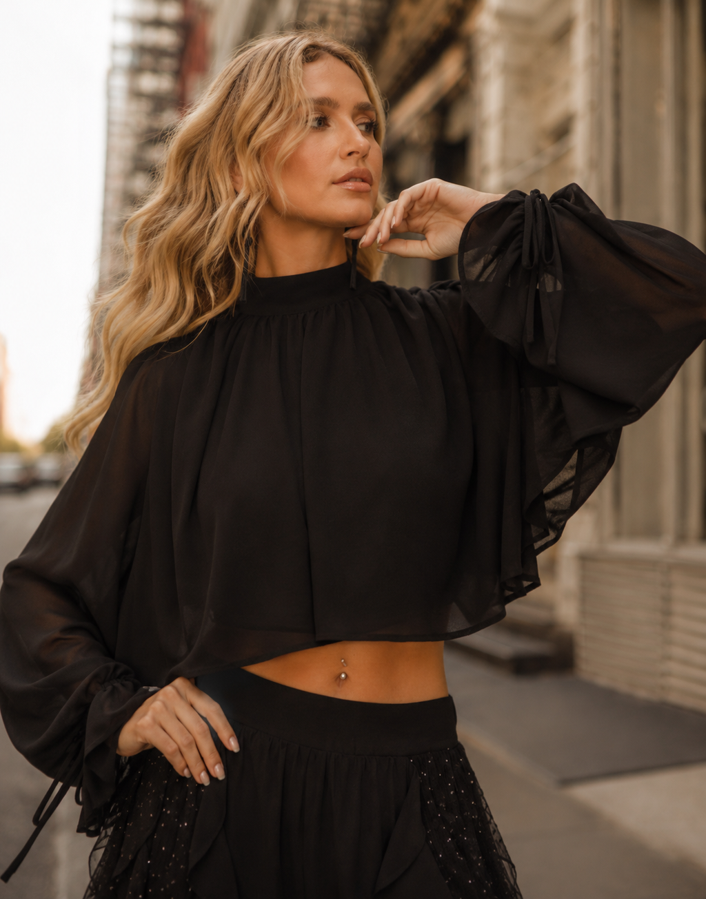 Sheer Sleeve Ruffle Top - Black