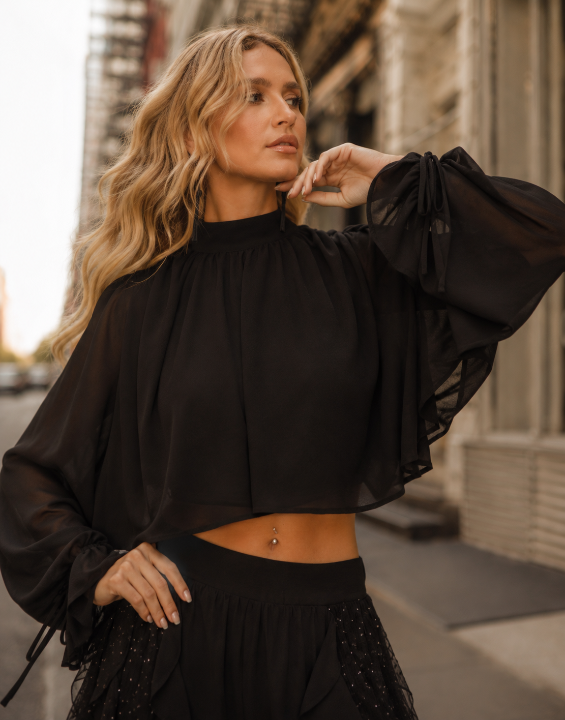 Sheer Sleeve Ruffle Top - Black