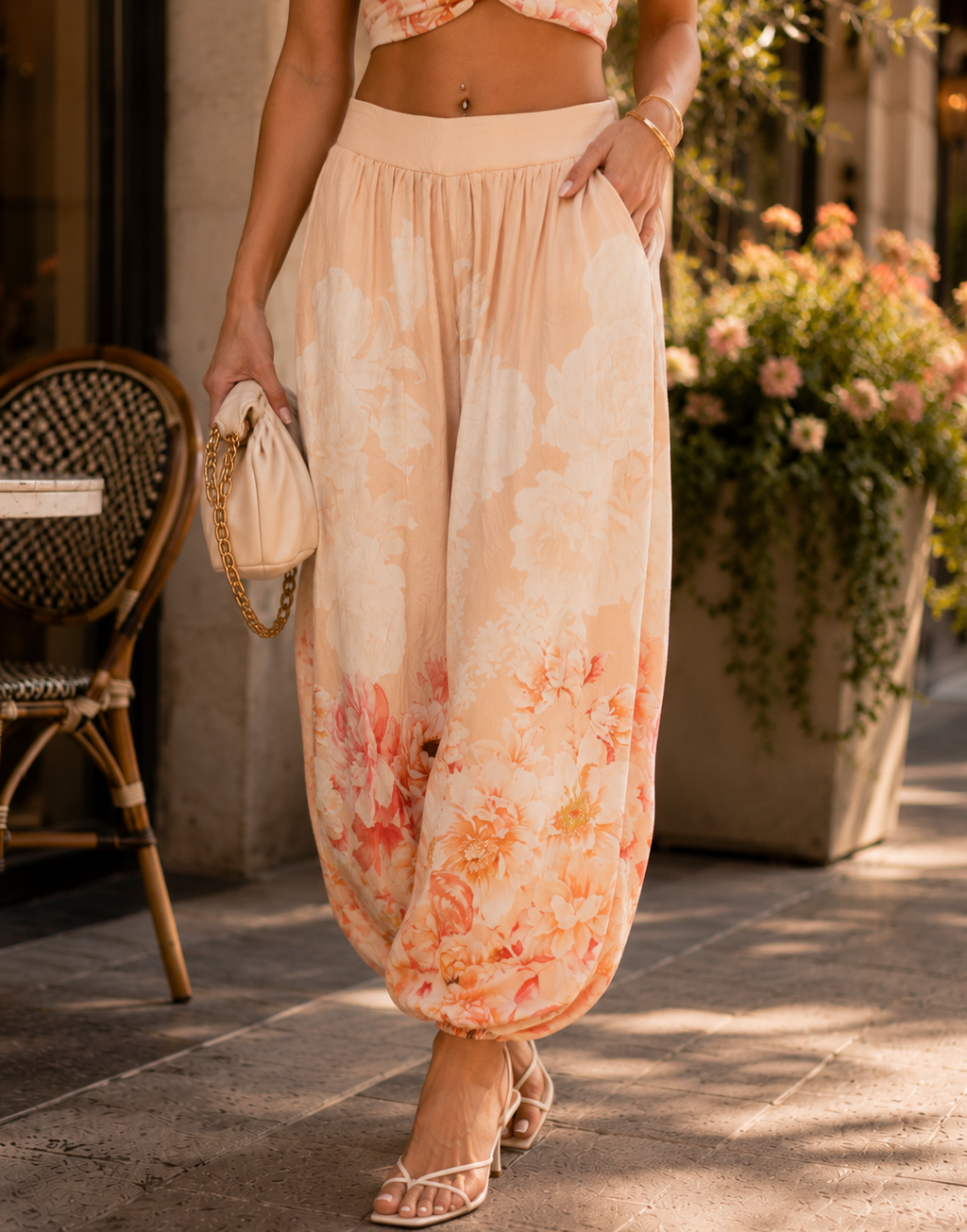 Floral Strapless Matching Set - Beige