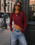 Long-Sleeve Asymmetric Crop Top - Burgundy