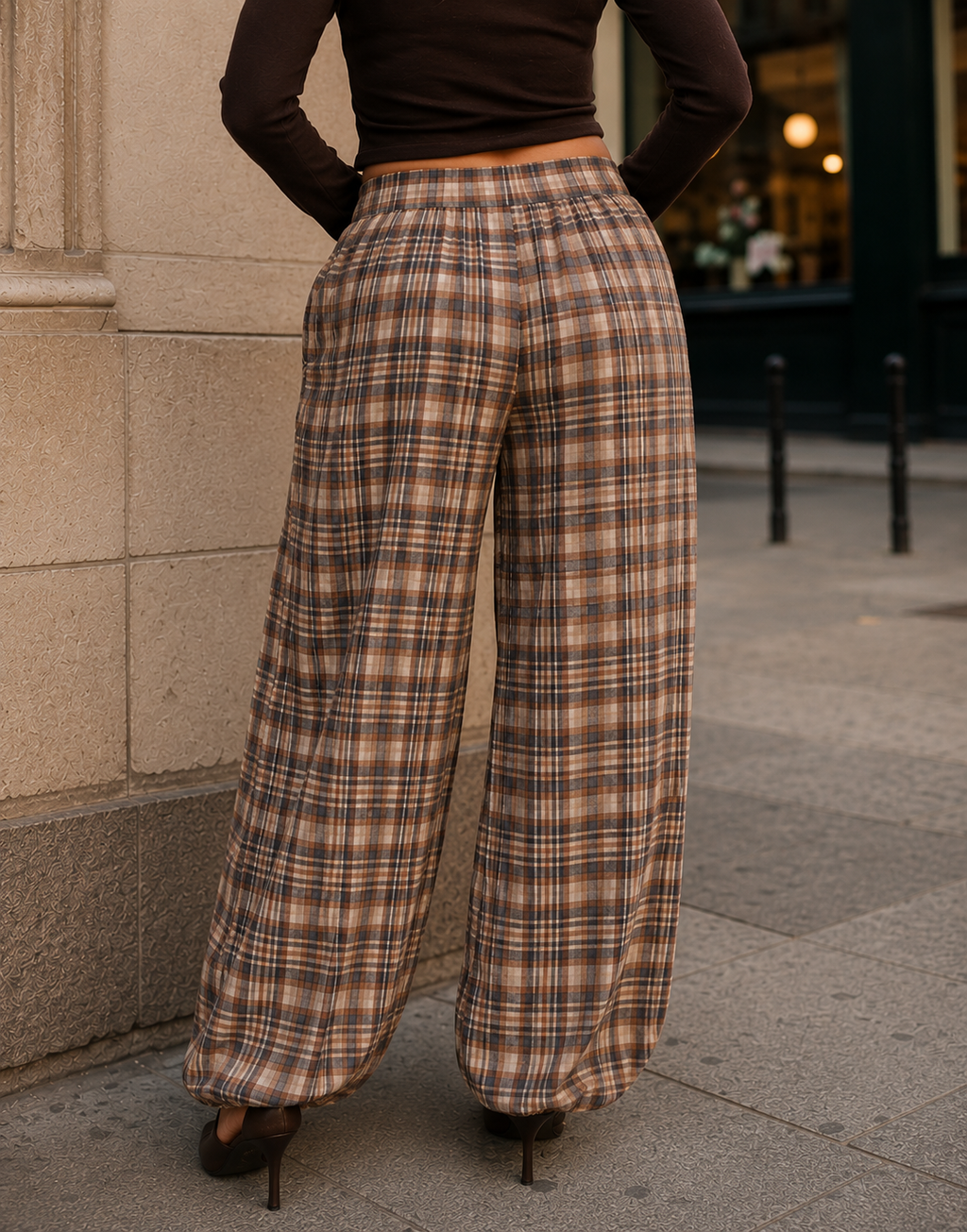 Plaid Harem Pants - Brown