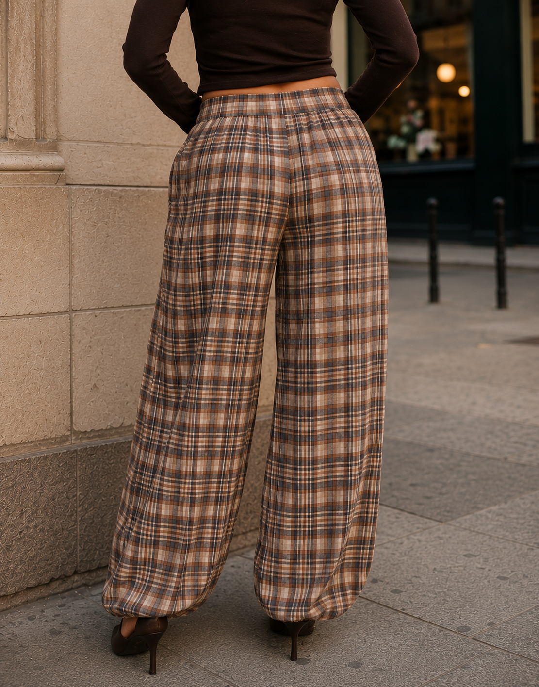 Plaid Harem Pants - Brown