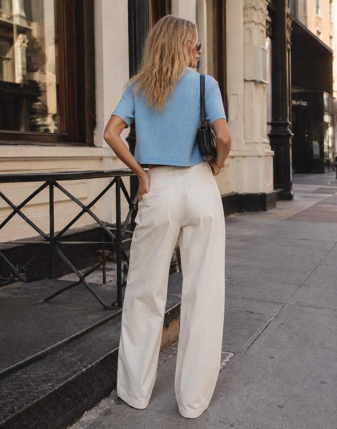 Cropped Studded T Shirt - Light Blue