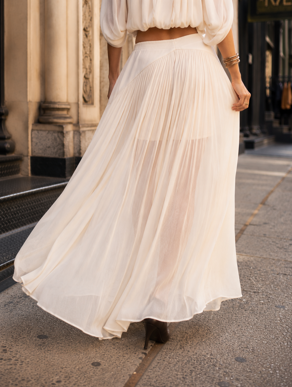 Chiffon Top and Maxi Skirt Set - Beige