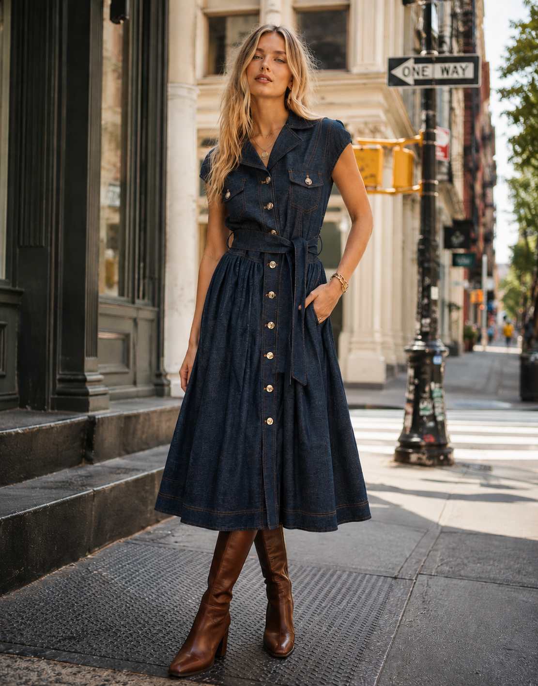 Button-Up Denim Midi Dress - Denim