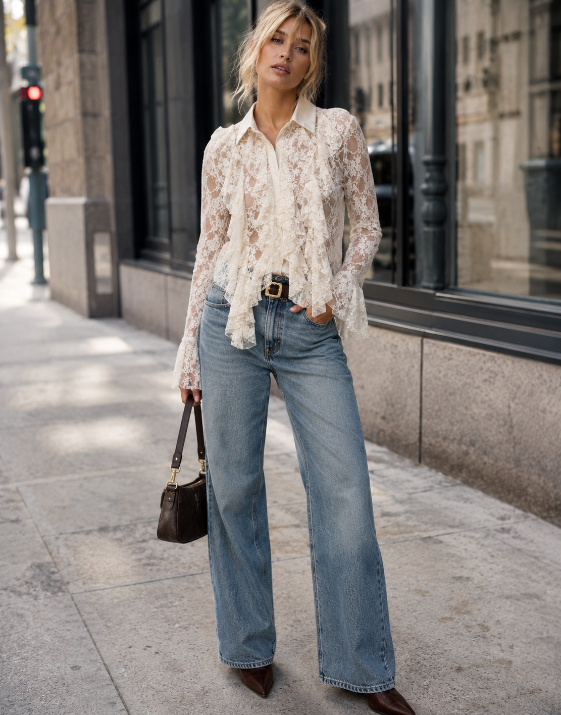 Lace Ruffle Long Sleeve Top - Yellow
