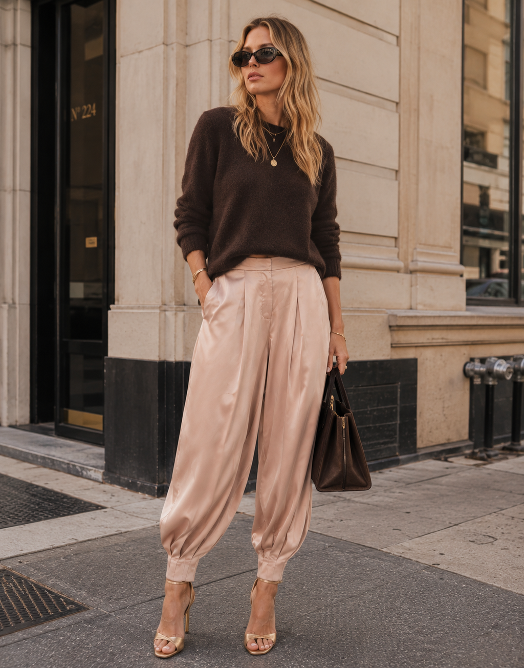 Camel Satin Tapered Pants - Camel