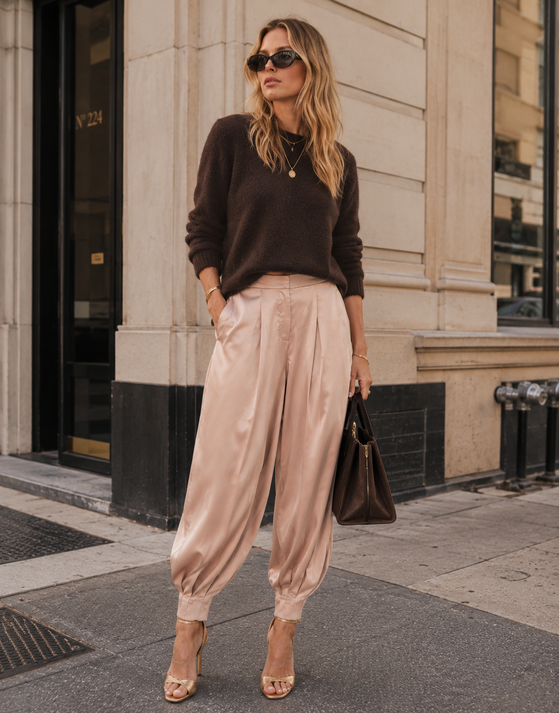 Camel Satin Tapered Pants - Camel