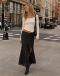 Lace Overlay Midi Skirt - Black