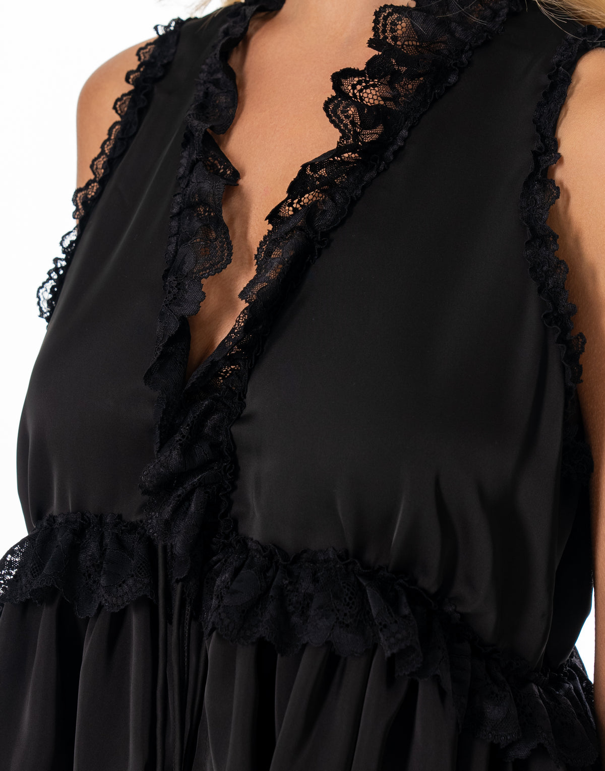 Lace Trim Sleeveless Peplum Blouse - Black